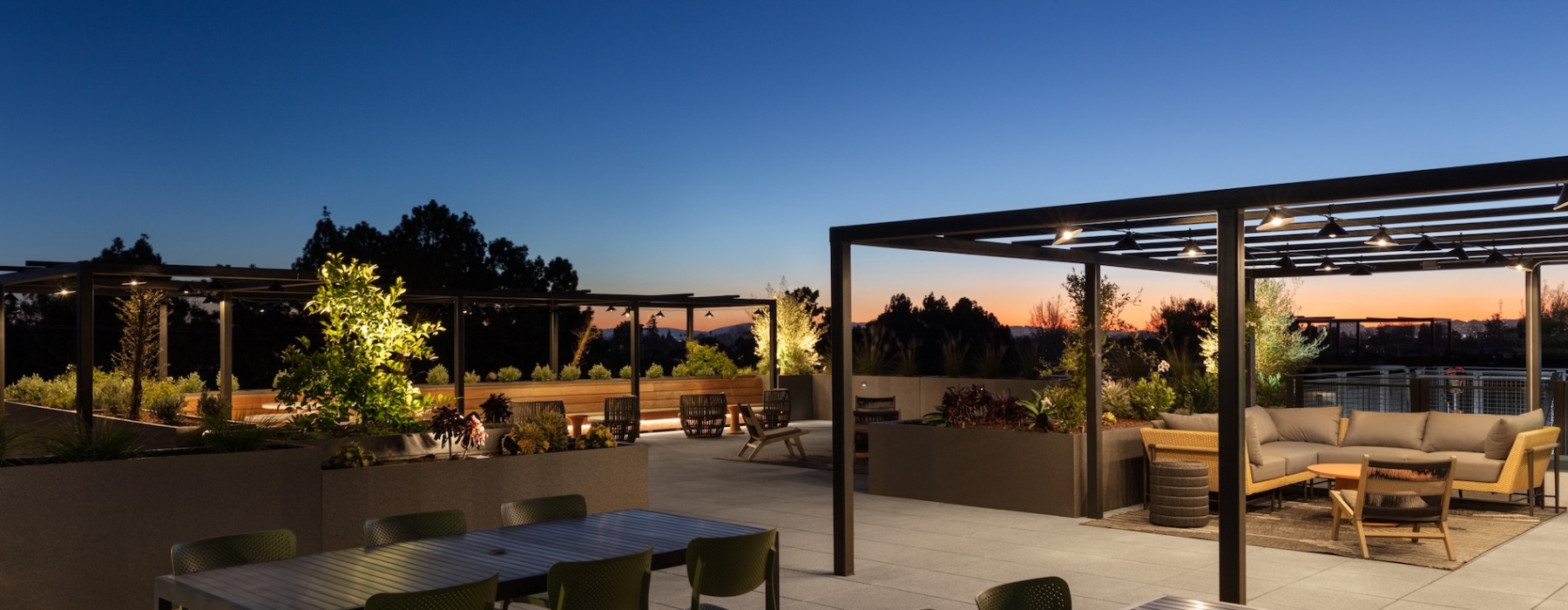 outside patio and lounge areas at sunset